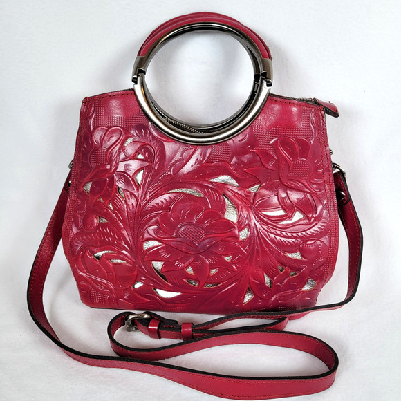 Patricia Nash Aria Double Ring Shopper Bag Pink Floral Zip Tooled Cutout Leather - Picture 1 of 12